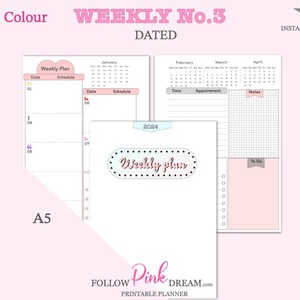 Peut inclure: Un planificateur hebdomadaire imprimable rose et blanc au format A5. Le planificateur comprend un calendrier pour janvier, février, mars et avril. Il comprend également un horaire hebdomadaire, une liste de tâches à faire et une section de notes. Le planificateur est intitulé "Weekly No. 3 Dated" et est disponible en téléchargement instantané au format PDF.