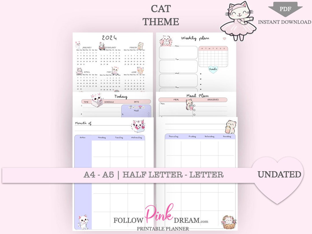 Daily Weekly Monthly Plan Undated Planner PDF Instant Download Cat ...