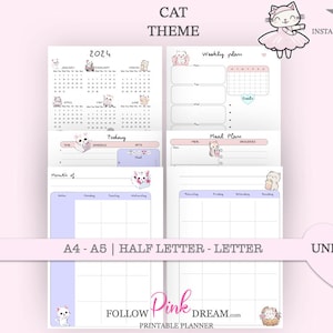 May include: Printable planner pages with a cat theme. The pages include a 2024 calendar, weekly planner, daily planner, meal planner, and monthly planner. The pages are undated and available in A4, A5, half letter, and letter sizes.