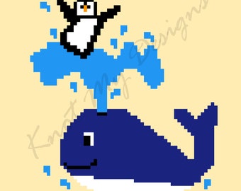 Surfing Penguin on Whale - C2C Crochet Blanket Pattern Graph & Instruction / Corner to Corner / C2C Whale /C2C Penguin Blanket /C2C Graphgan