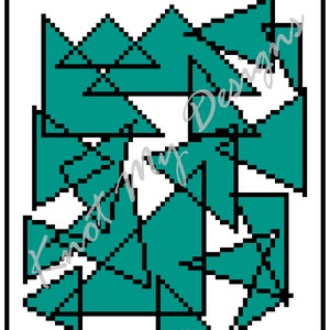 May include: Abstract geometric design with teal shapes and black outlines on a white background. The design features triangles and other angular forms. The words "Knot My Designs" are in the image.