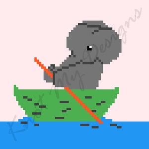May include: A grey pixelated elephant sits in a green leaf boat, paddling with an orange stick. The boat is floating on blue water.
