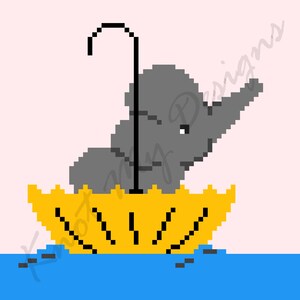 May include: Pixelated illustration of a gray elephant sitting in a yellow umbrella, floating on blue water. The umbrella has a black handle and is set against a light pink background. A cute, whimsical design.