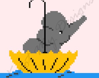 Elephant Floating On Umbrella—C2C Crochet Blanket Pattern Graph & Row Instructions | C2C Baby Elephant | C2C Graphghan | KnotMyDesigns