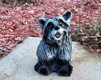 Cute raccoon chainsaw carving birthday gift for mom rustic cute decor handcrafted wood sculpture unique handmade art log cabin decoration