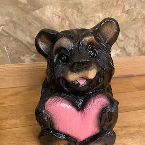 personalizable handcrafted chainsaw carved bear with pink heart fun blackbear carving log home rustic chain saw art personalized woodcarving
