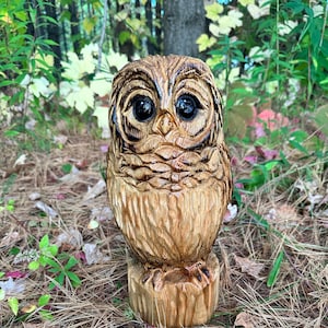 Owl wood carving Xmas bday unique fun  gift for mom wife Christmas present cute wooden handcrafted art chainsaw carved rustic decor log home