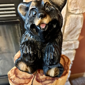 Bear gift wood carved chainsaw Art wood crafted Bear home decor Cute Welcome bear carving Bear lover gift decor Rustic log home chainsaw art