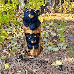 Bear lover chainsaw art carved bear in stump decor Welcome bear Cute Wood carved bear gift for wife Log cabin decor Rustic art Bear carving