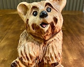 Wood Carved Bear Log Cabin Art Happy Wood Bear Home Decor Cute