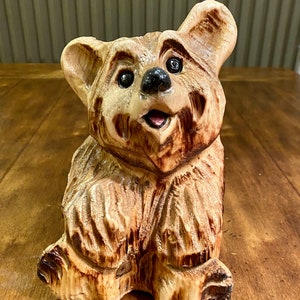 Wood Carved Bear Log Cabin Art Happy wood Bear home decor Cute Welcome bear carving Bear lover gift log cabin decor Rustic bear chainsaw art