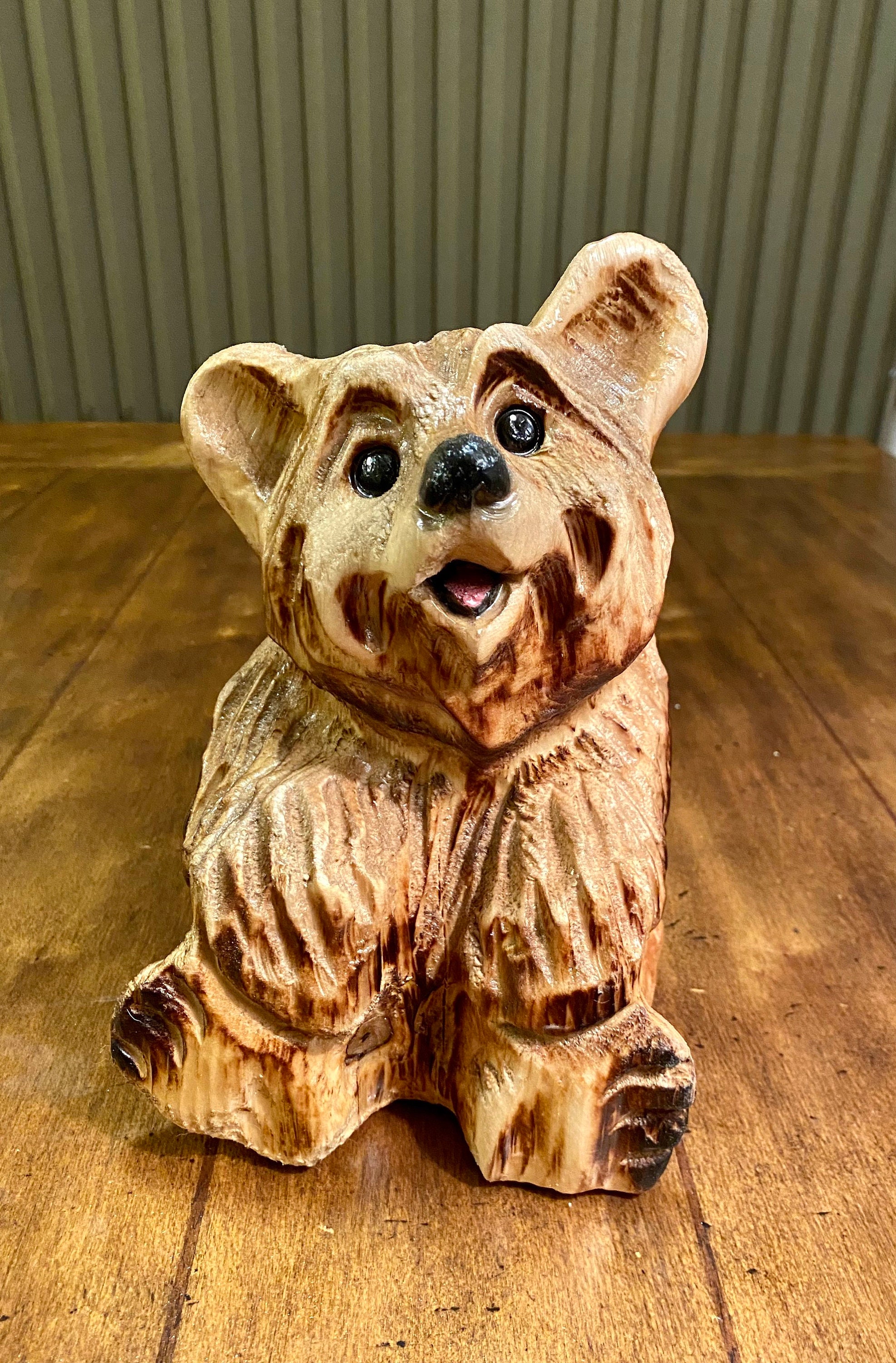 Wood Carved Bear Log Cabin Art Happy Wood Bear Home Decor Cute