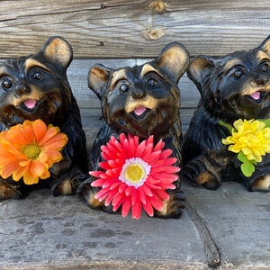 Wooden Bear with flower carved wood black bear Chainsaw welcome bear flower bear decor adorable wood carved bear cute bear gift for mom