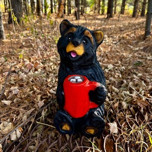 Wood carved bear handmade art chainsaw carving handcrafted gift for mom wife present coffee lover rustic kitchen decor wooden bear with mug