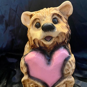 Chainsaw carved bear with pink heart handcrafted furnishing for log home rustic decor for lodge wooden bear chainsaw carving bear gift idea