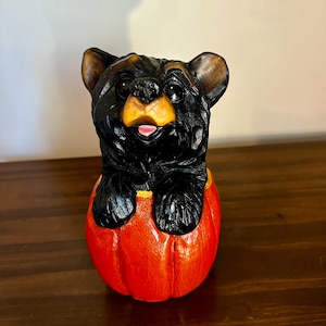 chainsaw carved bear in pumpkin black bear wood carving home accent Halloween decor harvest theme furnishing cute wooden bear figurine
