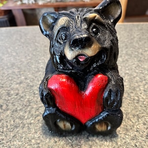 Chainsaw-carved bear with red heart wood carving decor log home rustic entryway lodge wooden art blackbear personalized gift for bear-lover
