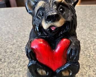 Chainsaw-carved bear with red heart wood carving decor log home rustic entryway lodge wooden art blackbear personalized gift for bear-lover