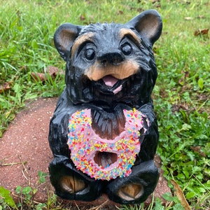 Cute Bear with donut chainsaw woodcarving fun Christmas bday gift for mom wood present rustic log home decor cabin cute handmade unique art