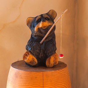 Wooden fishing bear carving log cabin decor chainsaw carving welcome bear rustic bear-lover gift handcrafted blackbear chain saw sculpture