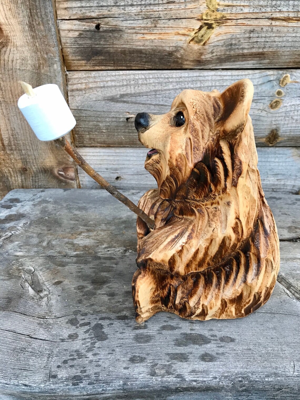 Marshmallow Roasting Bear Natural finish Etsy
