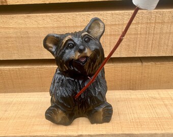 Bear lover chainsaw art carved figurine Welcome decor Cute Wood carved bear art Log cabin decor Rustic art gift carving Chainsaw sculpture