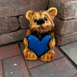 Chainsaw carved bear with blue heart  woodcarving fun gift for mom wood Xmas present wooden home decor cabin chain saw handmade unique art