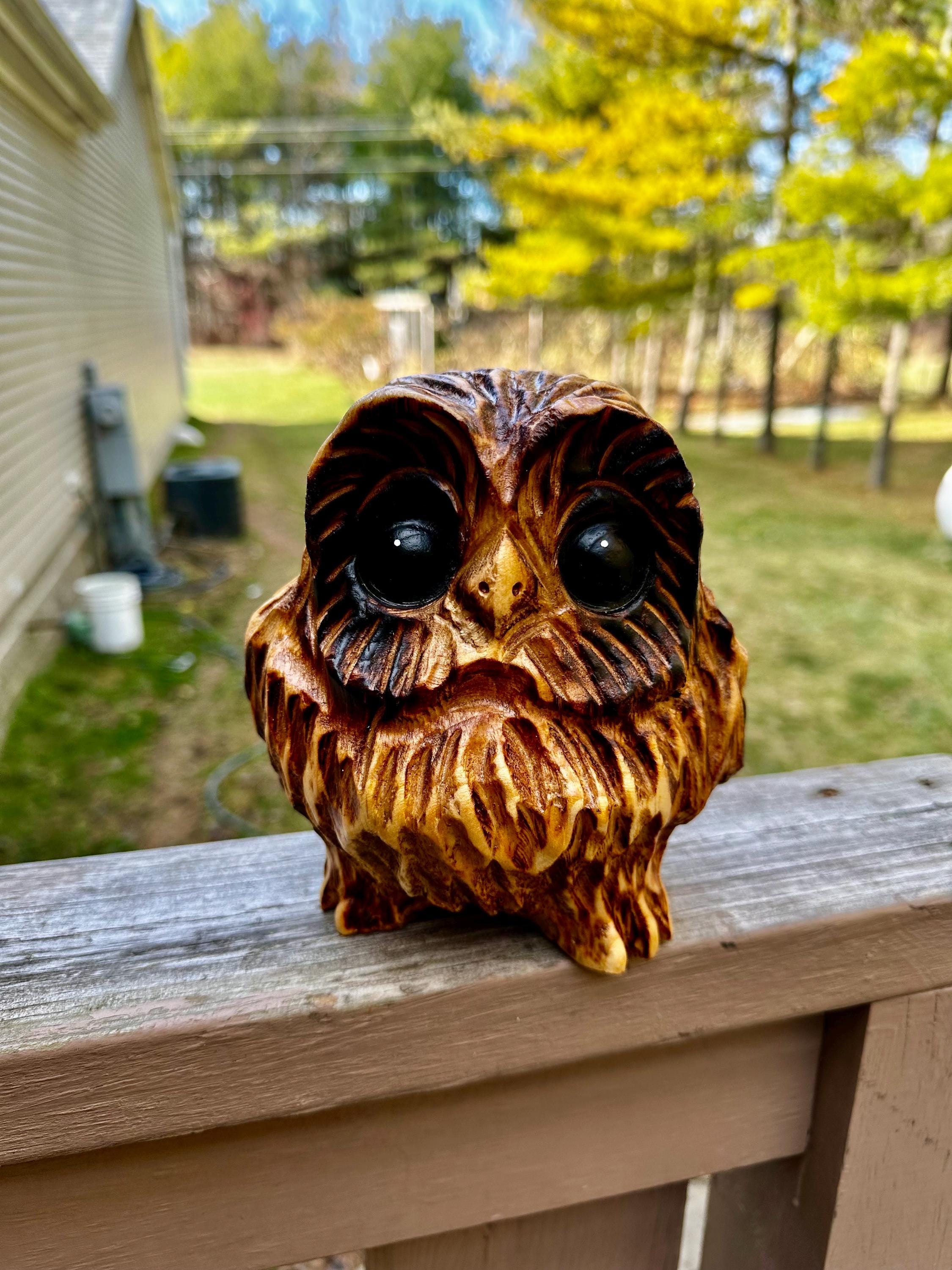 Cute fat little wood owl chainsaw carving woodcarved owl-themed home log cabin decor wooden figurine