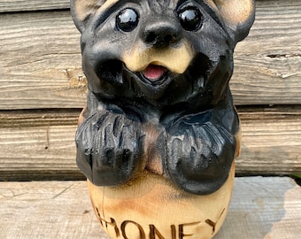 Bear lover gift wood carved chainsaw Black Bear in Honeypot Rustic Cabin decor Wood Carving Bear carving Cute Bear with Honey Log cabin art