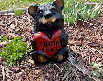 Chainsaw-carved mama bear heart wood carving decor for log home rustic entryway lodge wooden art blackbear Christmas gift for bear-lover mom