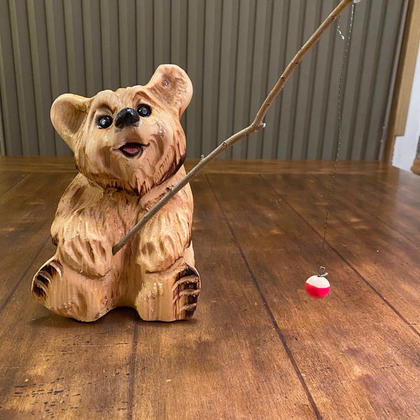 Carved Bear fishing figurine  chainsaw carved bear cute Welcome bear carving chainsaw carved bear interior Log cabin decor Bear statue