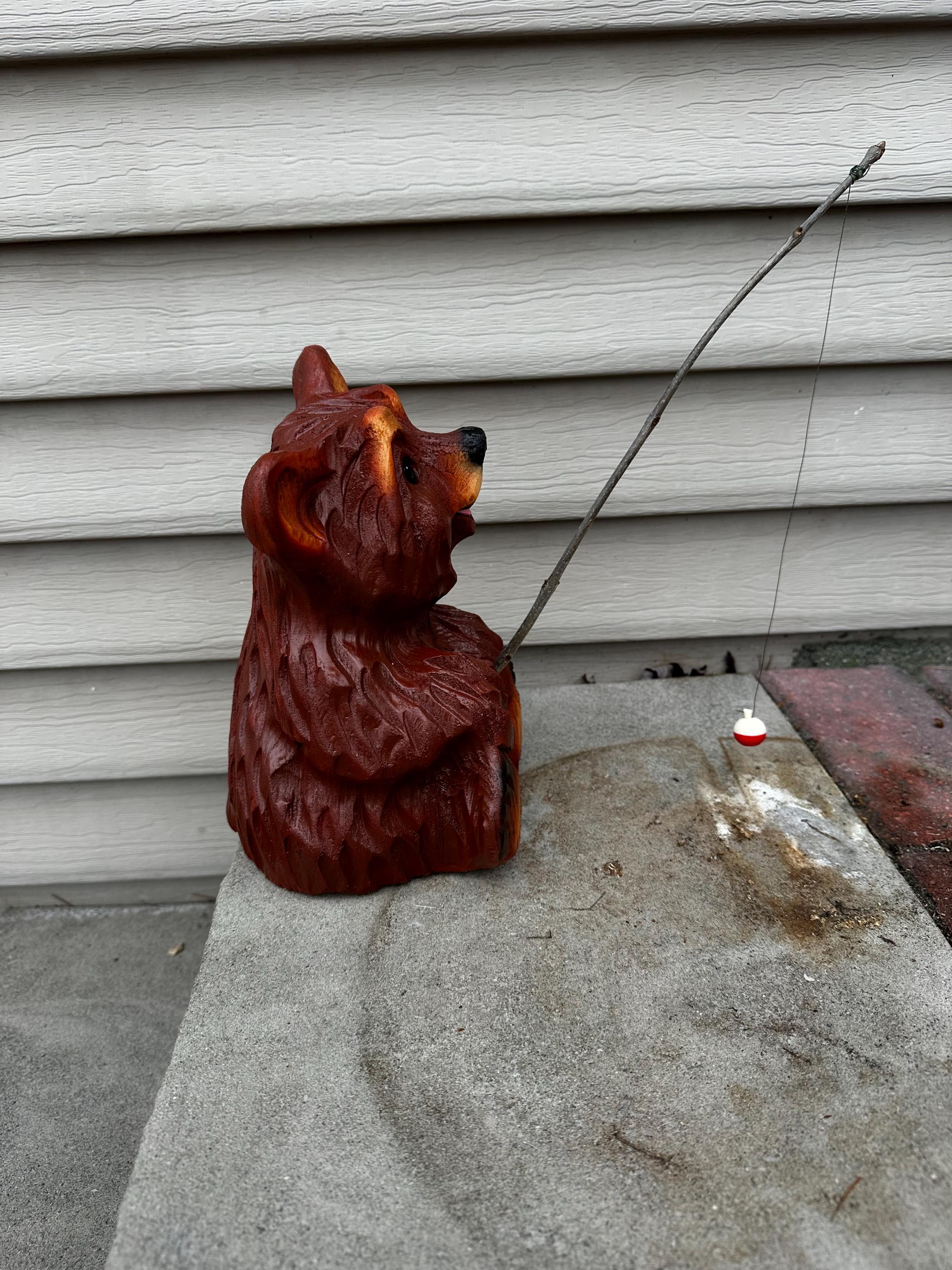 Chainsaw Carved Fishing Brown Bear Handcrafted Wooden Bear With Fishing ...