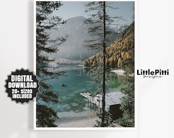 Blue Lake Mountains and Forests Window Bay View Poster Print Wall Art Decoration