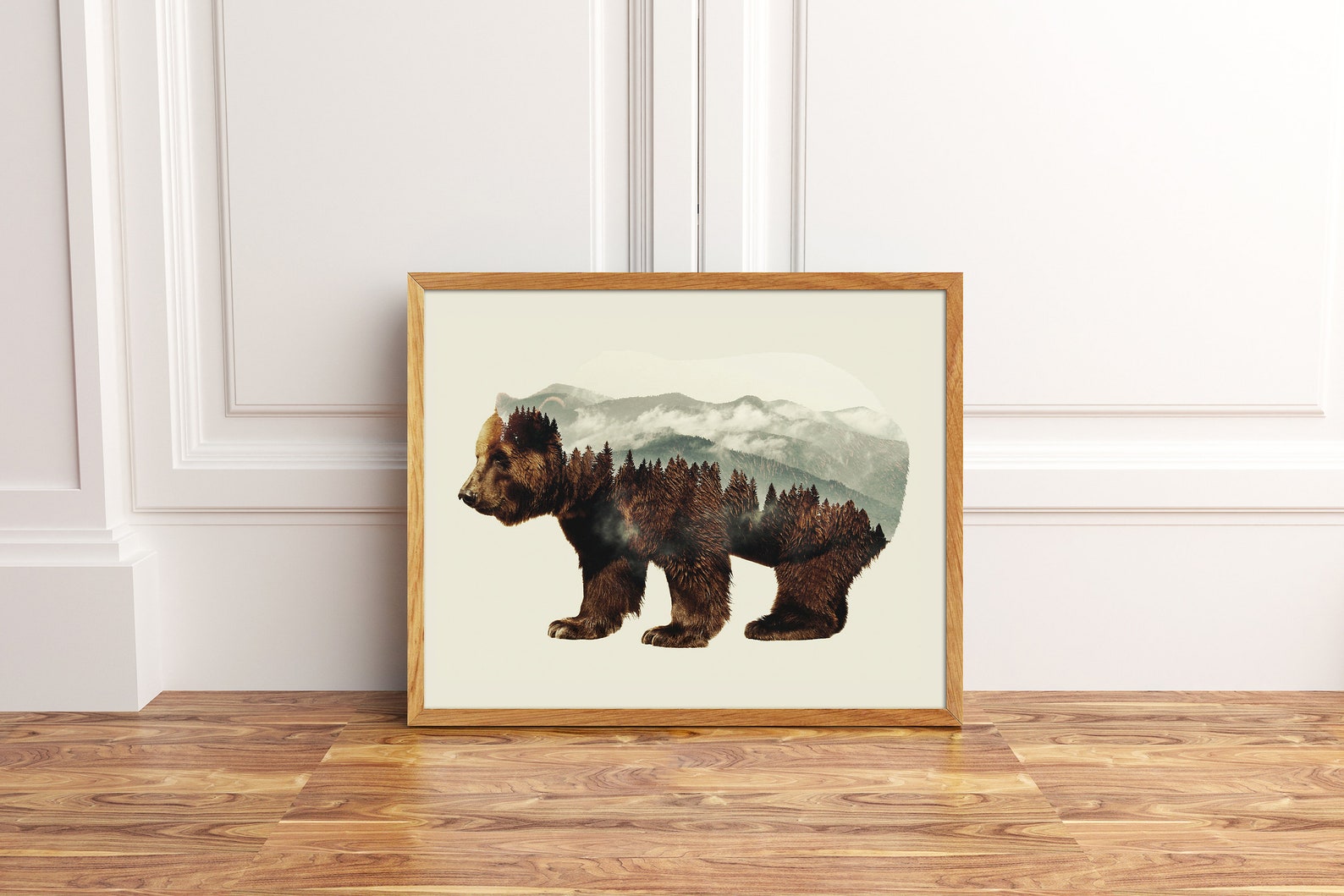 Bear print double exposure scandinavian art bear wall art | Etsy