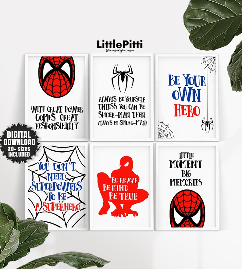 Spiderman Birthday Party Decor Spiderman Printable Set Of 6 Prints Nursery Wall Art Boy Room Decor Super Hero Baby Shower Art Download