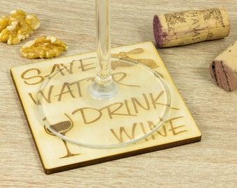 Save water drink wine Coaster SET of 6, Wine taste gift, Lasercut, Tableware, For coffee lover, Grilling gift, Wooden Anniversary gift