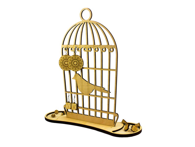 Bird Cage Earring Holder Wood Jewelry Organizer Engraved Etsy