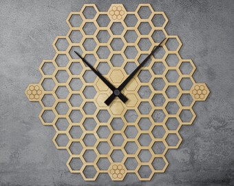 Honeycomb modern wall clock, Hexagon wooden clock, Geometric wall clock, Bee lover gift, Contemporary wall clock, Farmhouse clock