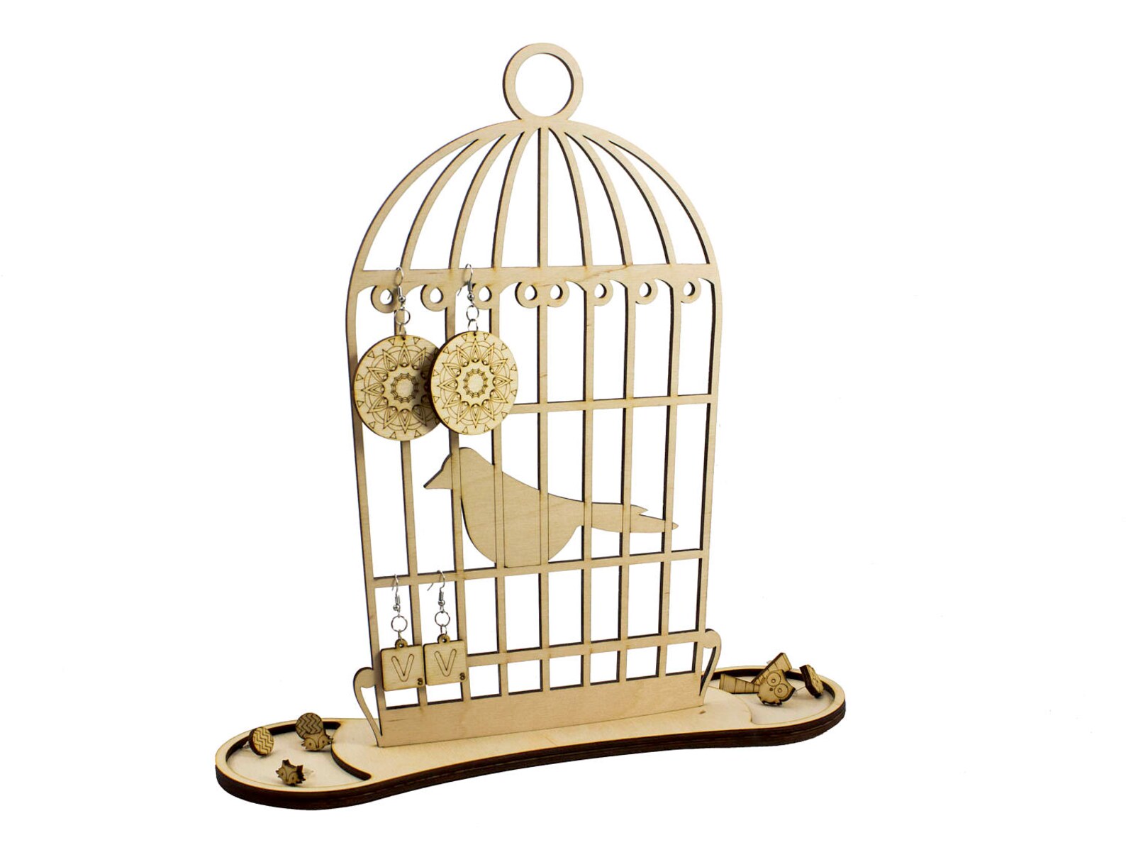 Bird Cage Earring Holder Wood Jewelry Organizer Engraved Etsy