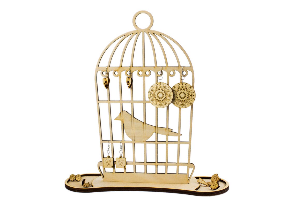 Bird Cage Earring Holder Wood Jewelry Organizer Engraved Etsy