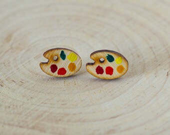 Artist Wooden Earlobe Studs, Color Palette Wood Earrings