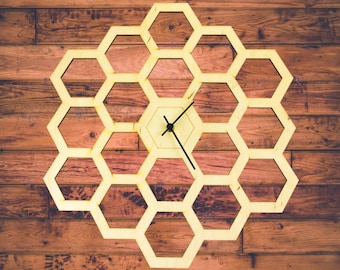 GIANT Honeycomb clock, Hexagon wooden wall clock, Geometric wall clock, Bee lover gift, Unique clock, Silent sweep large clock