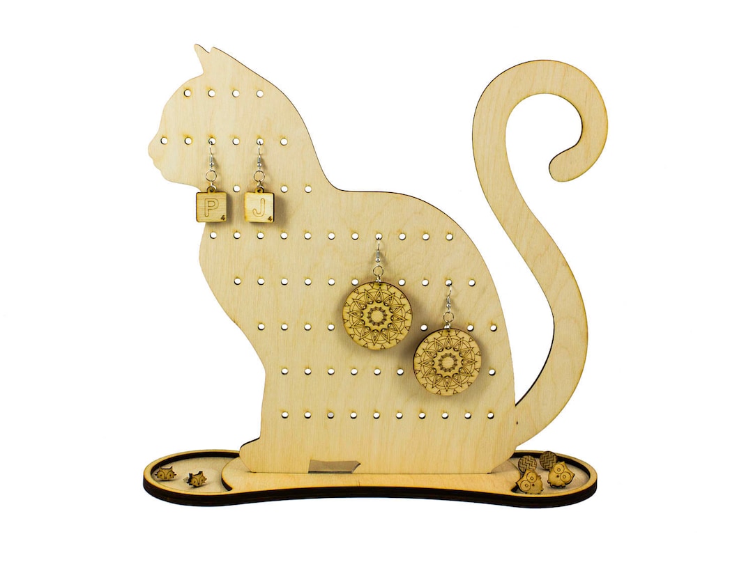 Cat Earring Holder, Wood Jewelry Organizer, Engraved Jewellery Stand