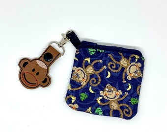 Sock Monkey Fabric Zippered 4x4 inch Coin Purse, Pouch, Wallet