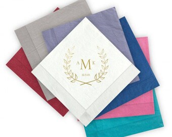 100 Laurel Letterpress Beverage Napkins - 5 x 5 Wedding Napkins, monogram, laurel leaves, wreath, wedding date - AA1000315