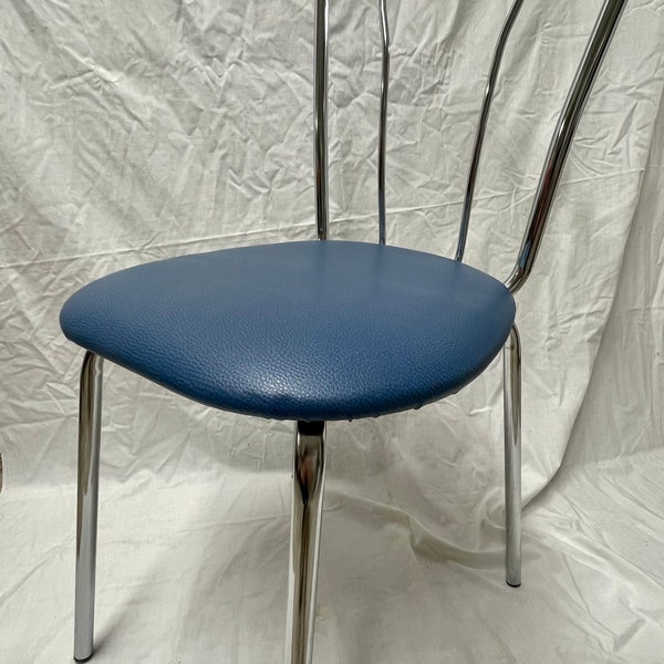 Vintage Set of 2 Plurima Bistro Chairs Chrome and Foux Leather Vinyl Blue 80's Thonet Style