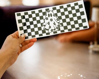Spooky Ghost UV DTF Cup Transfer: Black Checkered Halloween Vinyl Decal