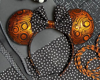 Halloween Minnie Ears, Pumpkin Swirl, Black Polka Dot Bow