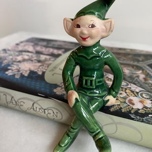 Vintage Ceramic Pixie Elf Figurine Sitting Cross-Legged color Green made In Japan