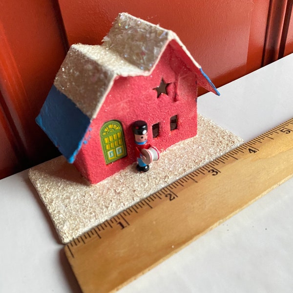 Handmade Vintage 1 Putz Christmas House with wooden solider in front